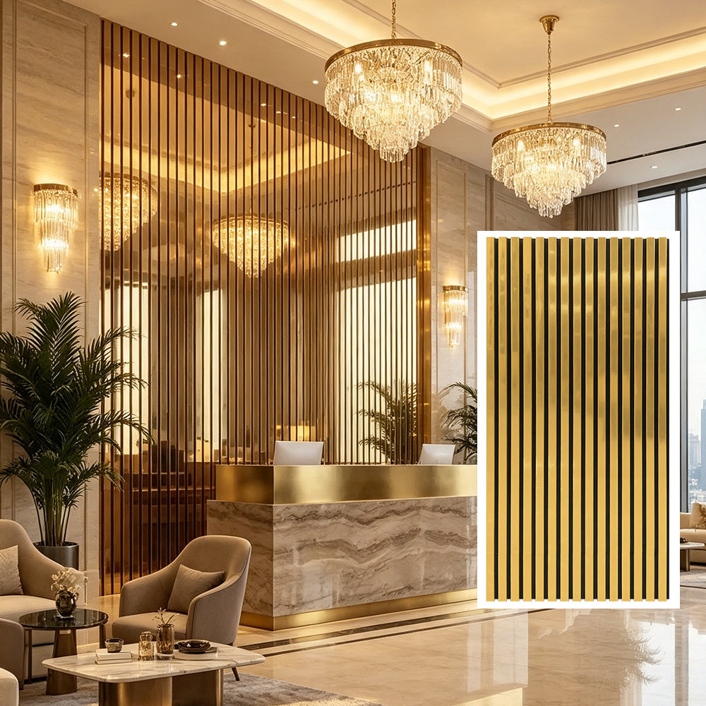 PVC Veneer Mirror Gold Silver Acoustic Panels Noise Reduction Slat Wall Panels for Hotel Business Occasions Decoration APK025