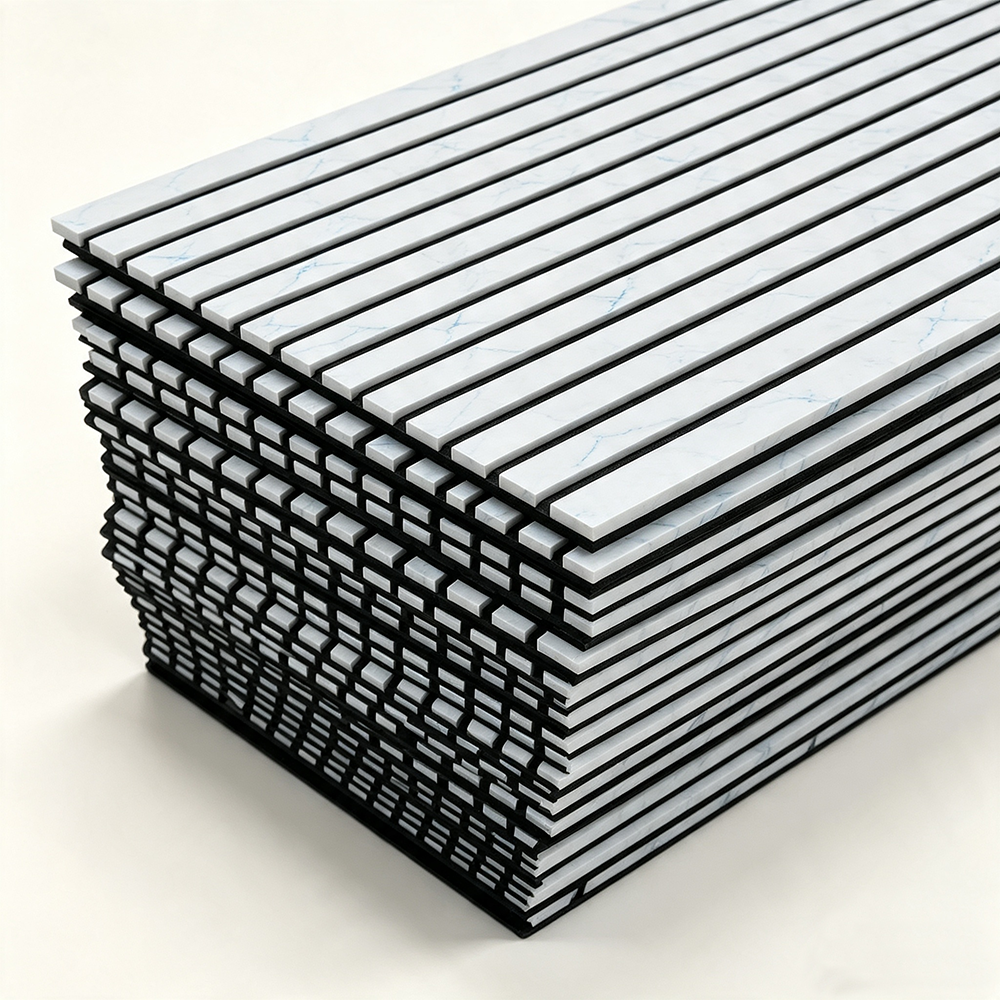 Wood Grain Slat Acoustic Panel PU Veneer Sound Absorbing Decorative Board For Home Room Gym Wall Cladding APK019