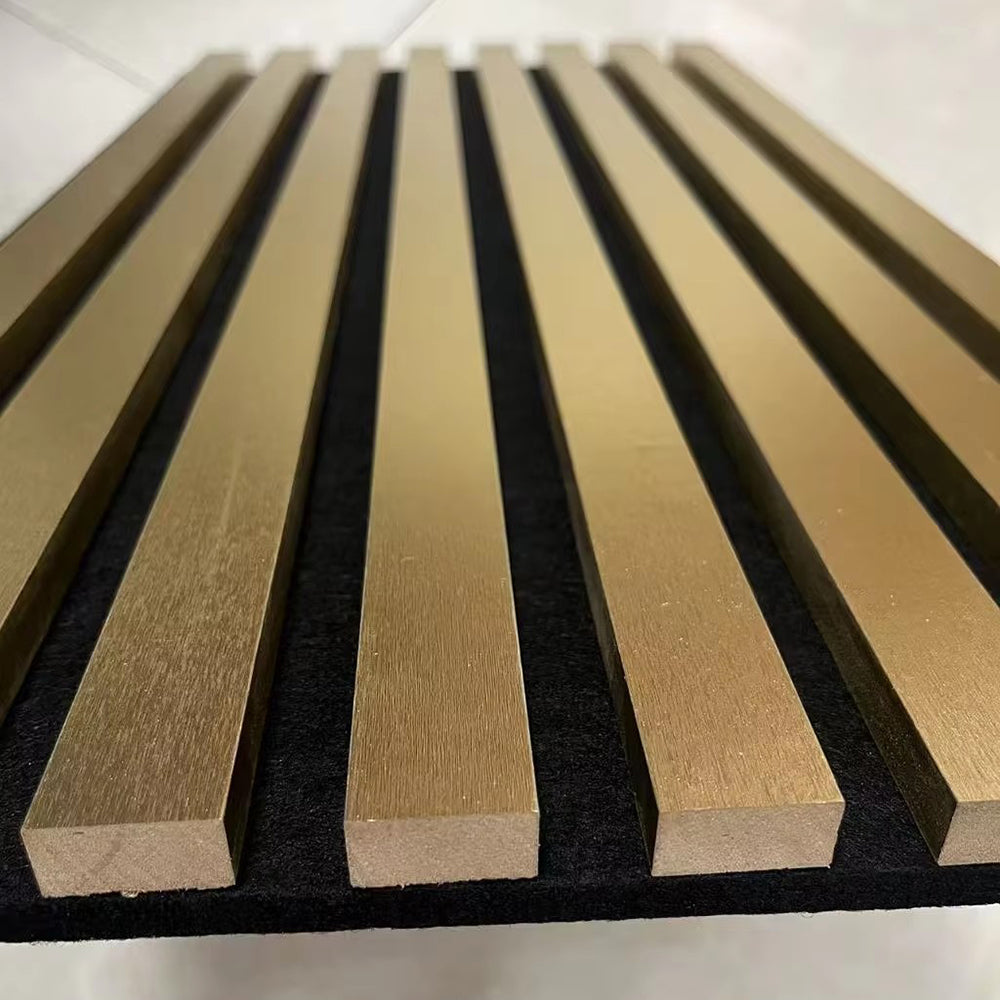 Wholesale PU Gold Veneer Acoustic Panels Eco-friendly Flame Retardant Slat Wall Panels Soundproof Board for Home Decor APK021