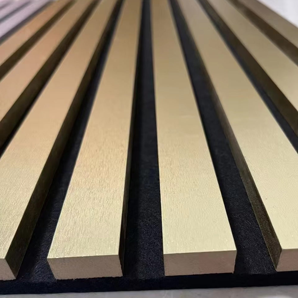 Wholesale PU Gold Veneer Acoustic Panels Eco-friendly Flame Retardant Slat Wall Panels Soundproof Board for Home Decor APK021