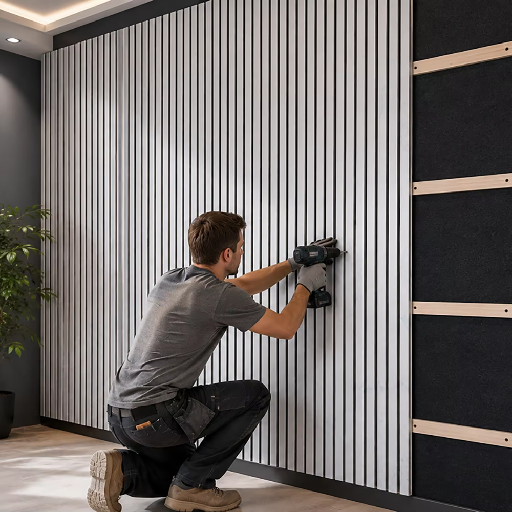 Wood Grain Slat Acoustic Panel PU Veneer Sound Absorbing Decorative Board For Home Room Gym Wall Cladding APK019
